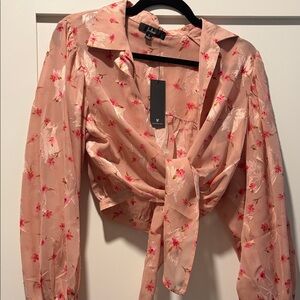 Lulus Blush Floral Wrap Blouse